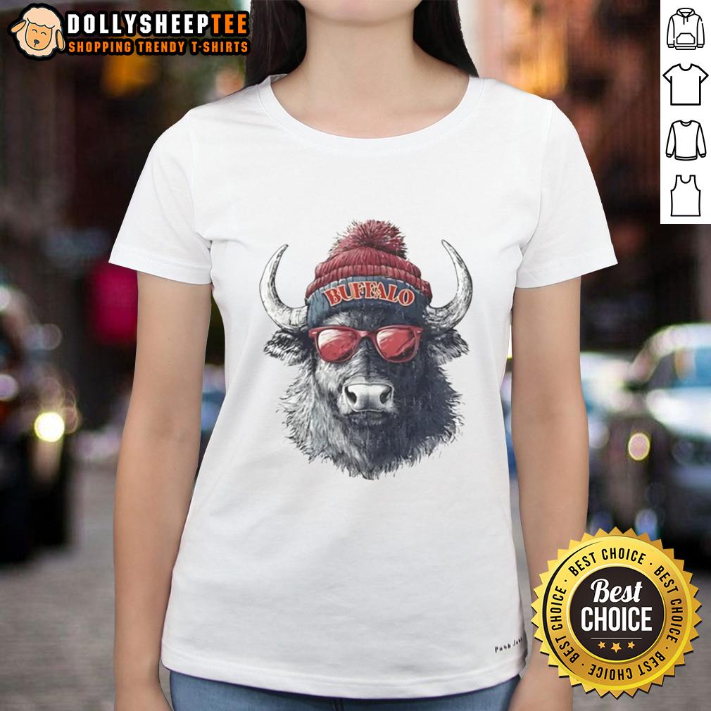 Premium Buffalo Bills Mascot Wearing A Beanie And Sunglasses T-Shirt - Image 3