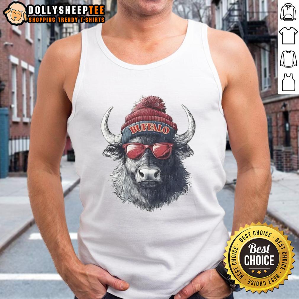Premium Buffalo Bills Mascot Wearing A Beanie And Sunglasses T-Shirt - Image 4