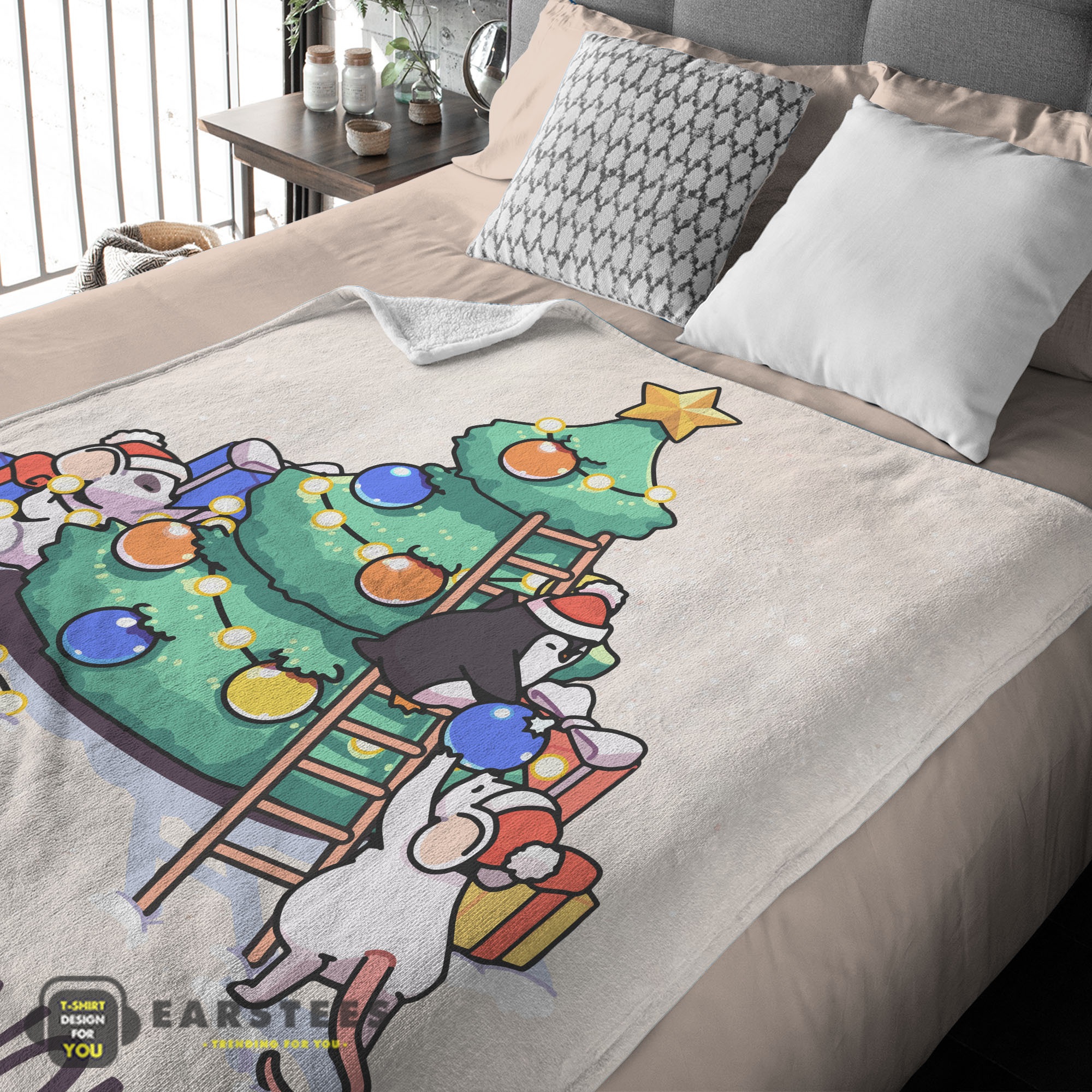 Good Cute Mice & Penguin Cartoon Christmas Tree Blanket Fleece Customized Blanket - Image 2