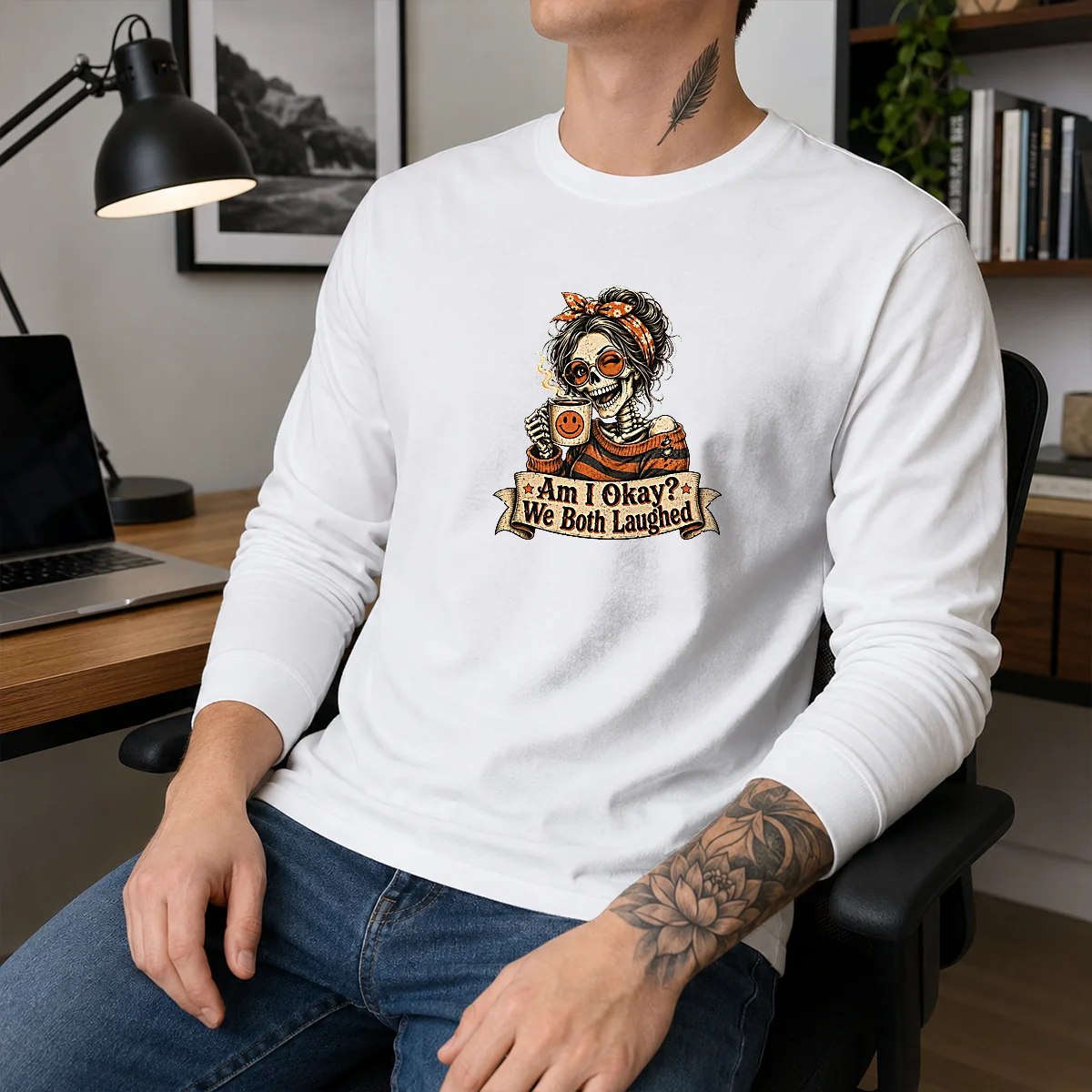 Top Vintage Funny Halloween Skeleton Girl Coffee Shirt - Image 3