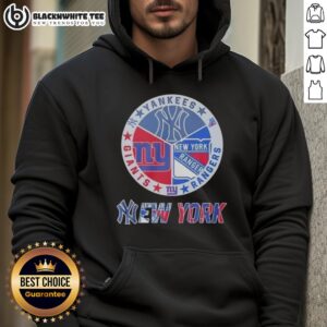 Alternative view of Official New York Yankees New York Rangers New York Giants Mashup Logo T-Shirt