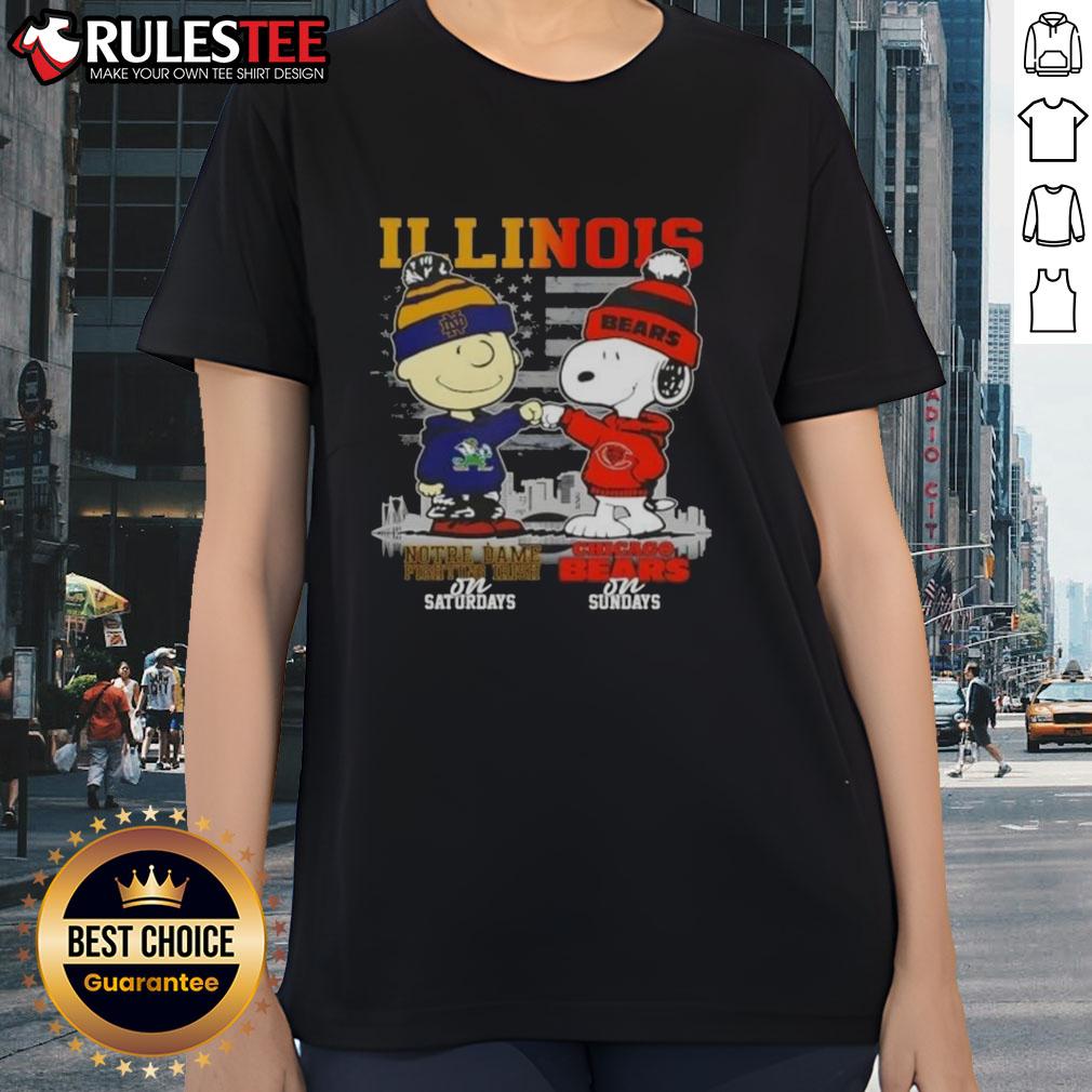 Happy Charlie Brown Notre Dame Fighting Irish on Saturdays x Snoopy Chicago Bears on Sundays Skyline T-Shirt - Image 3
