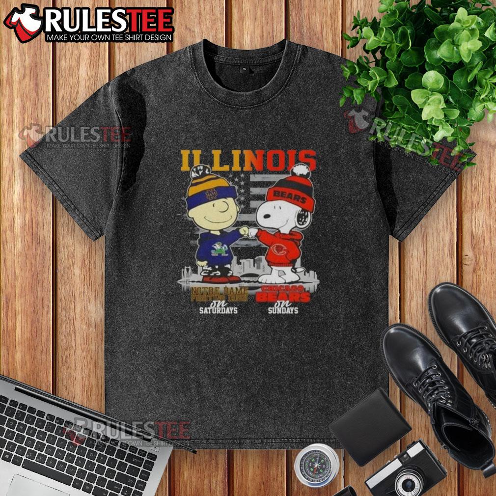Happy Charlie Brown Notre Dame Fighting Irish on Saturdays x Snoopy Chicago Bears on Sundays Skyline T-Shirt - Image 6