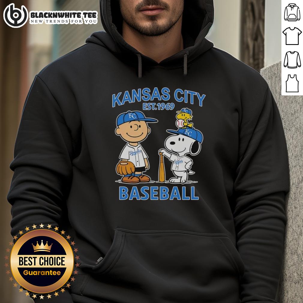 Good Charlie Brown Snoopy And Woodstock With Kansas City Royals Baseball Jersey Est 1969 T-Shirt - Image 2