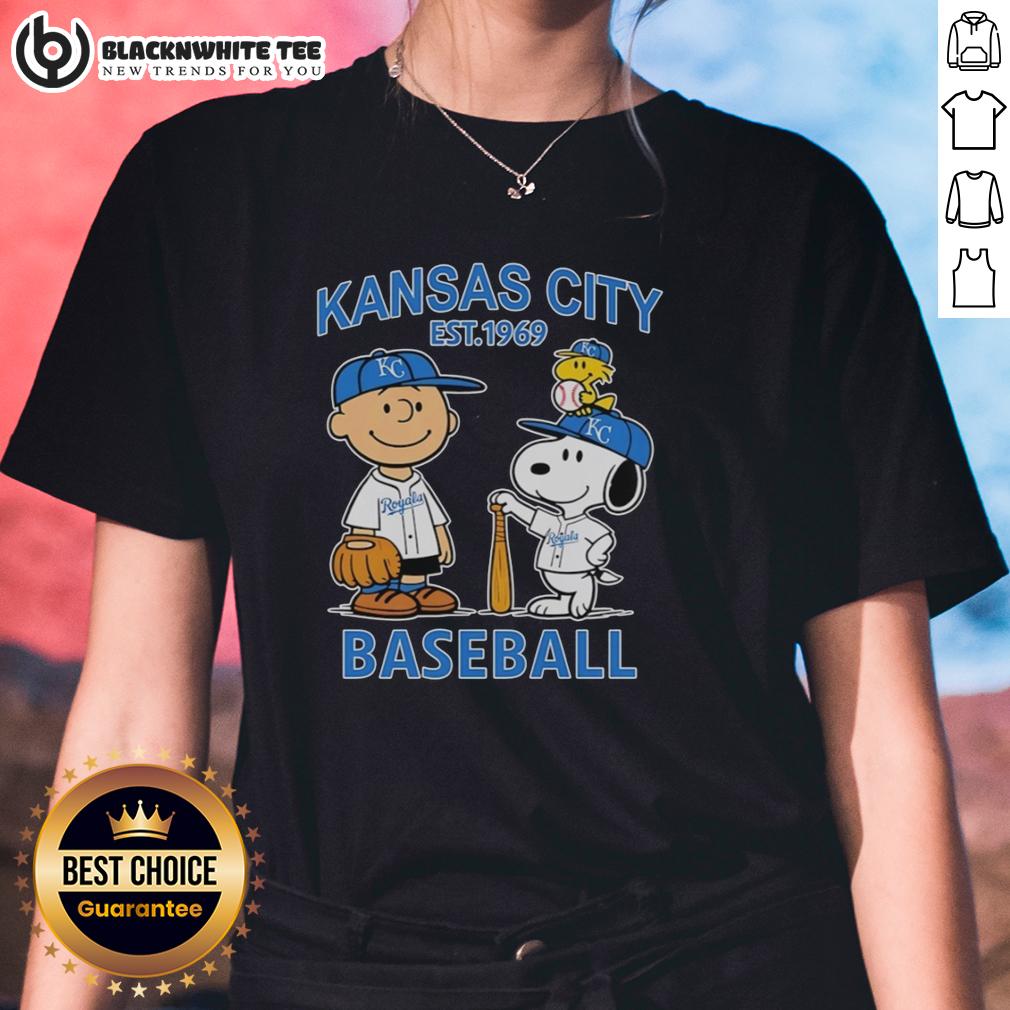 Good Charlie Brown Snoopy And Woodstock With Kansas City Royals Baseball Jersey Est 1969 T-Shirt - Image 3