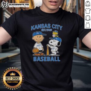 Good Charlie Brown Snoopy And Woodstock With Kansas City Royals Baseball Jersey Est 1969 T-Shirt