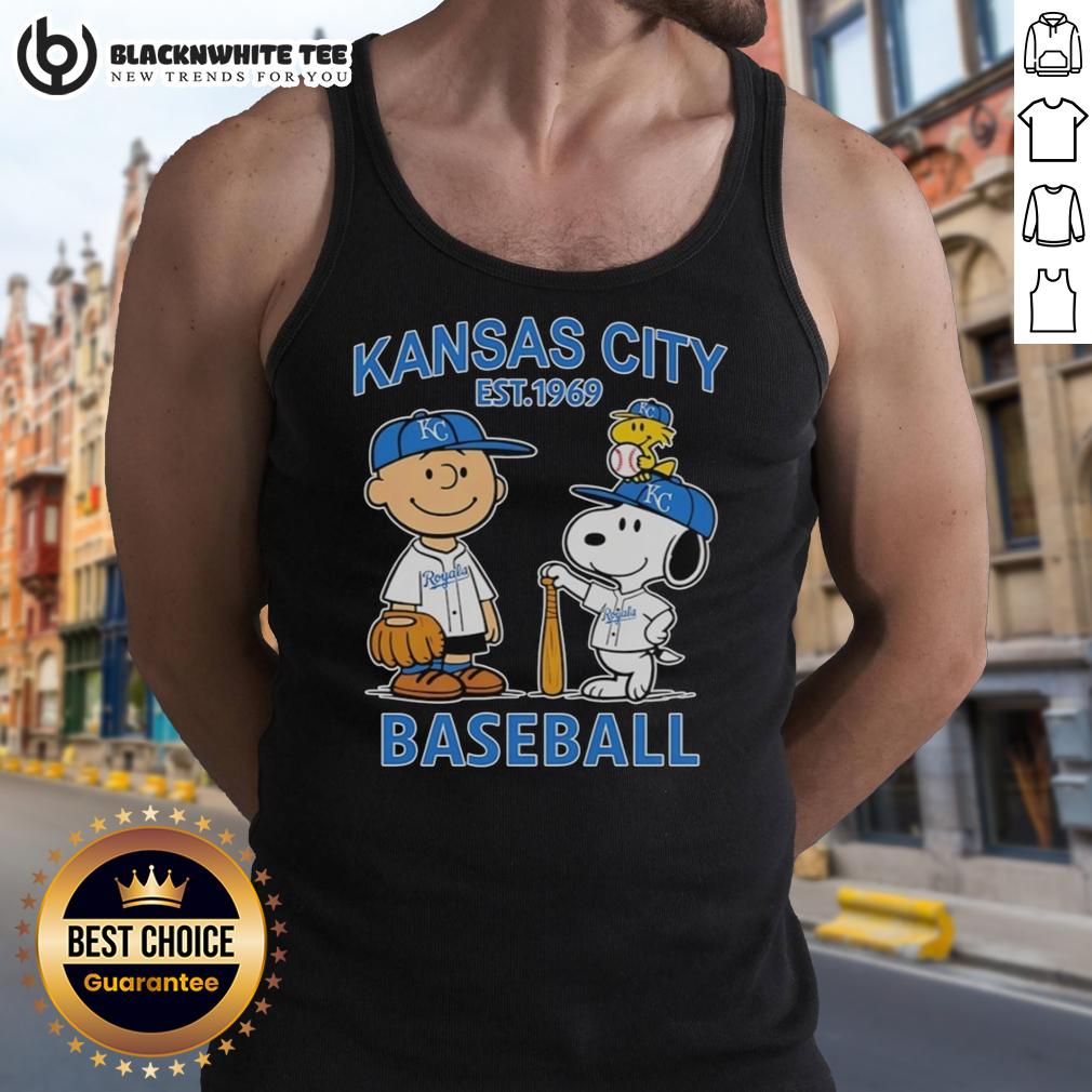 Good Charlie Brown Snoopy And Woodstock With Kansas City Royals Baseball Jersey Est 1969 T-Shirt - Image 4