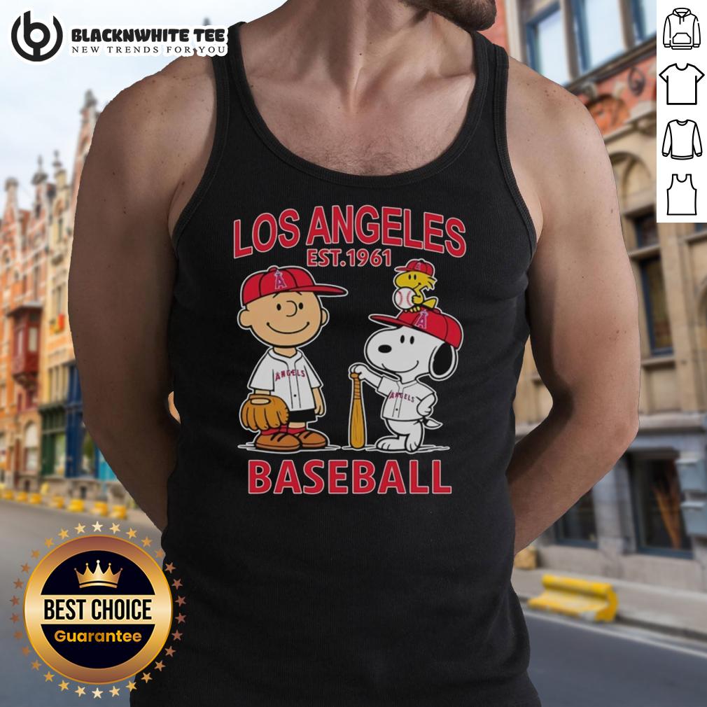 Good Charlie Brown Snoopy And Woodstock With Los Angeles Angels Baseball Jersey Est 1961 T-Shirt - Image 4