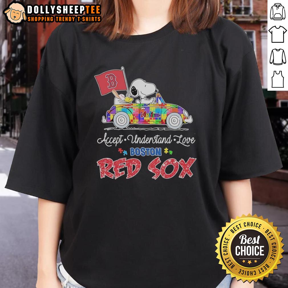 Awesome Snoopy And Woodstock Driving Car Autism Accept Understand Love Boston Red Sox T-Shirt - Image 3