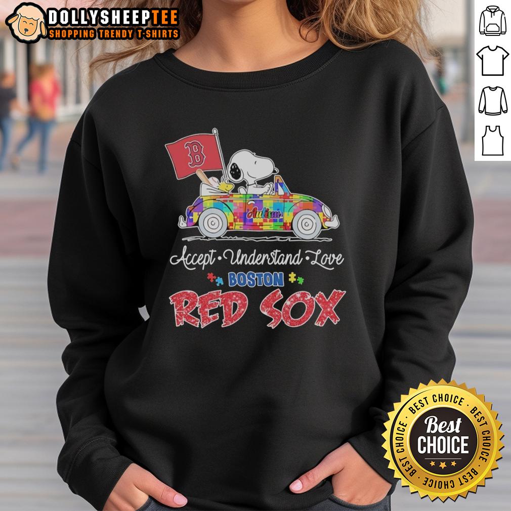 Awesome Snoopy And Woodstock Driving Car Autism Accept Understand Love Boston Red Sox T-Shirt - Image 5