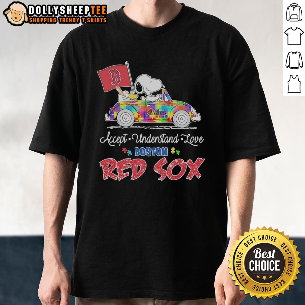 Awesome Snoopy And Woodstock Driving Car Autism Accept Understand Love Boston Red Sox T-Shirt