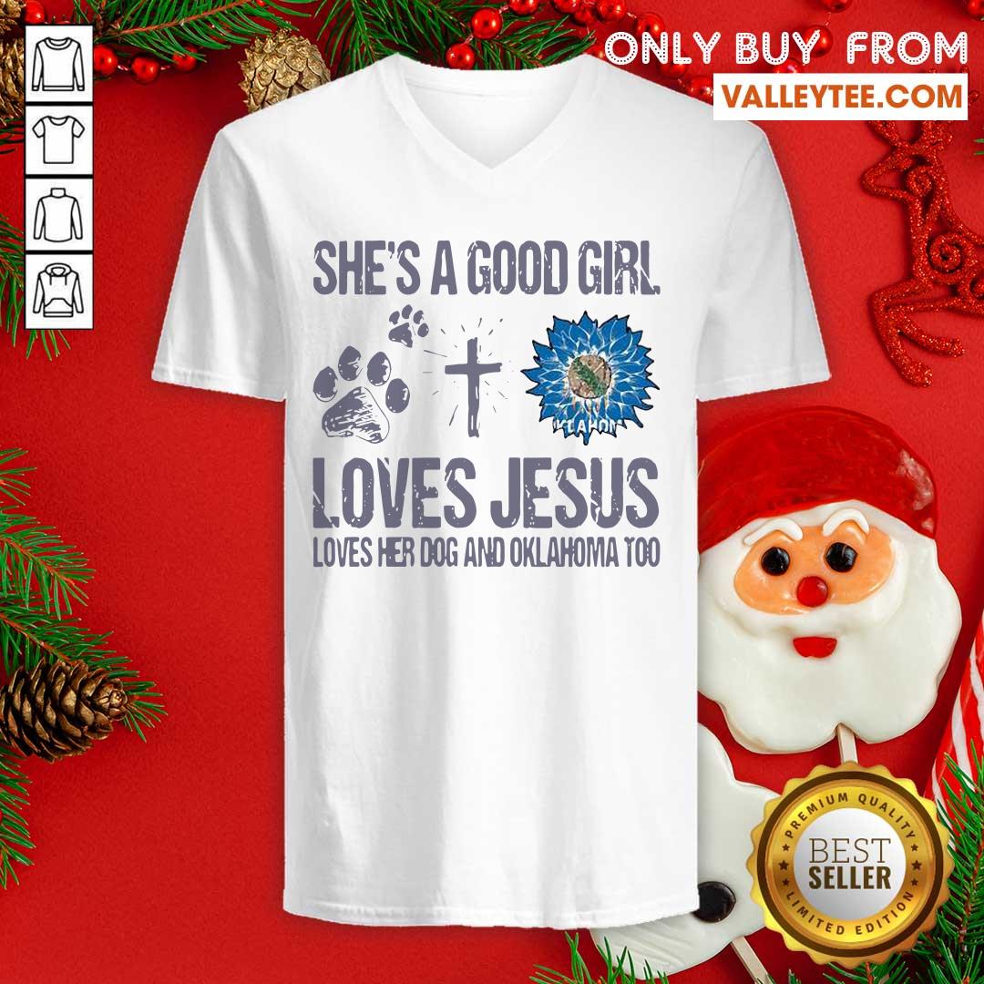 Delicate Shes A Good Girl Loves Jesus Loves Her Dog And Oklahoma Too Sunflowers Shirt - Image 3