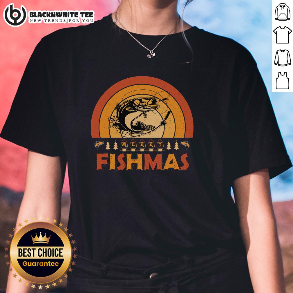 Top Merry Fishmas Merry Christmas Fishing Retro Sunset T-Shirt - Image 3