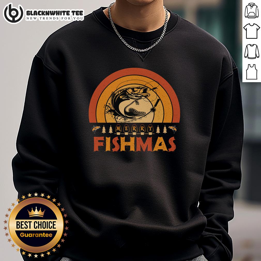 Top Merry Fishmas Merry Christmas Fishing Retro Sunset T-Shirt - Image 5