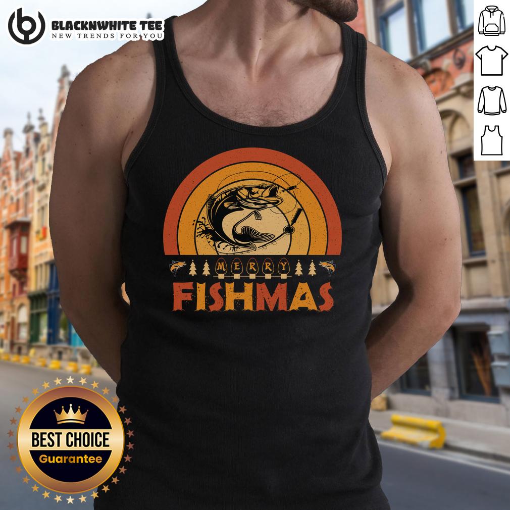Top Merry Fishmas Merry Christmas Fishing Retro Sunset T-Shirt - Image 4