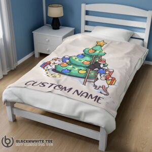 Alternative view of Premium Cute Top Mice & Penguin Cartoon Christmas Tree Blanket Fleece Customized Blanket
