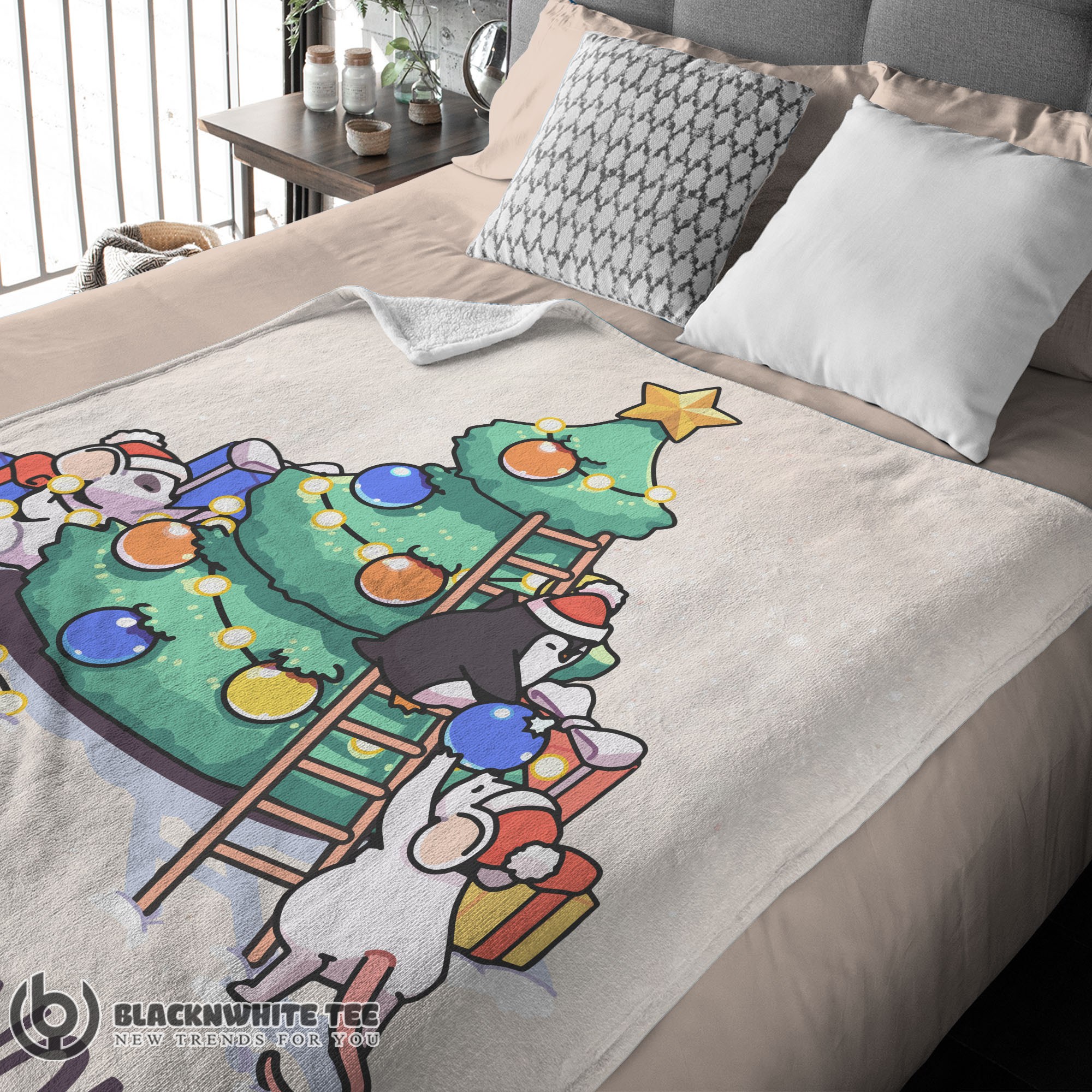 Premium Cute Top Mice & Penguin Cartoon Christmas Tree Blanket Fleece Customized Blanket - Image 3