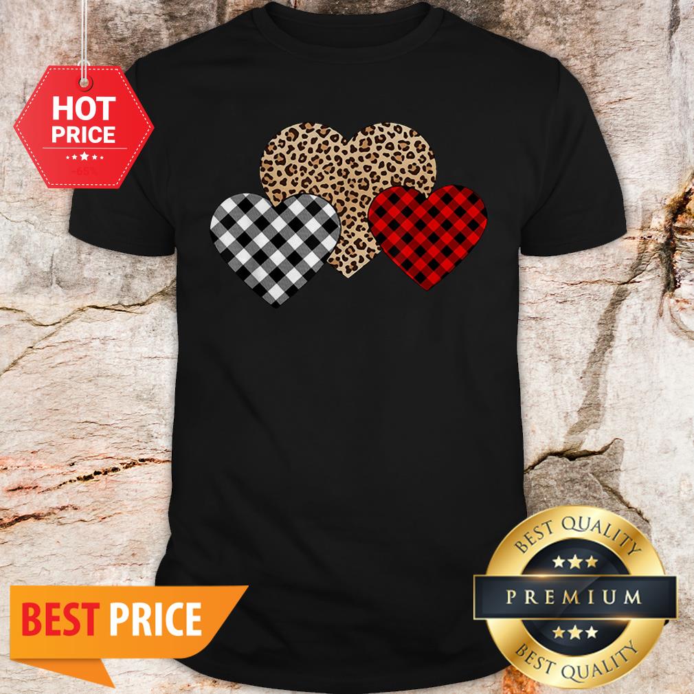 Valentine's Day Valentine Three Hearts Leopard Buffalo Plaid Shirt