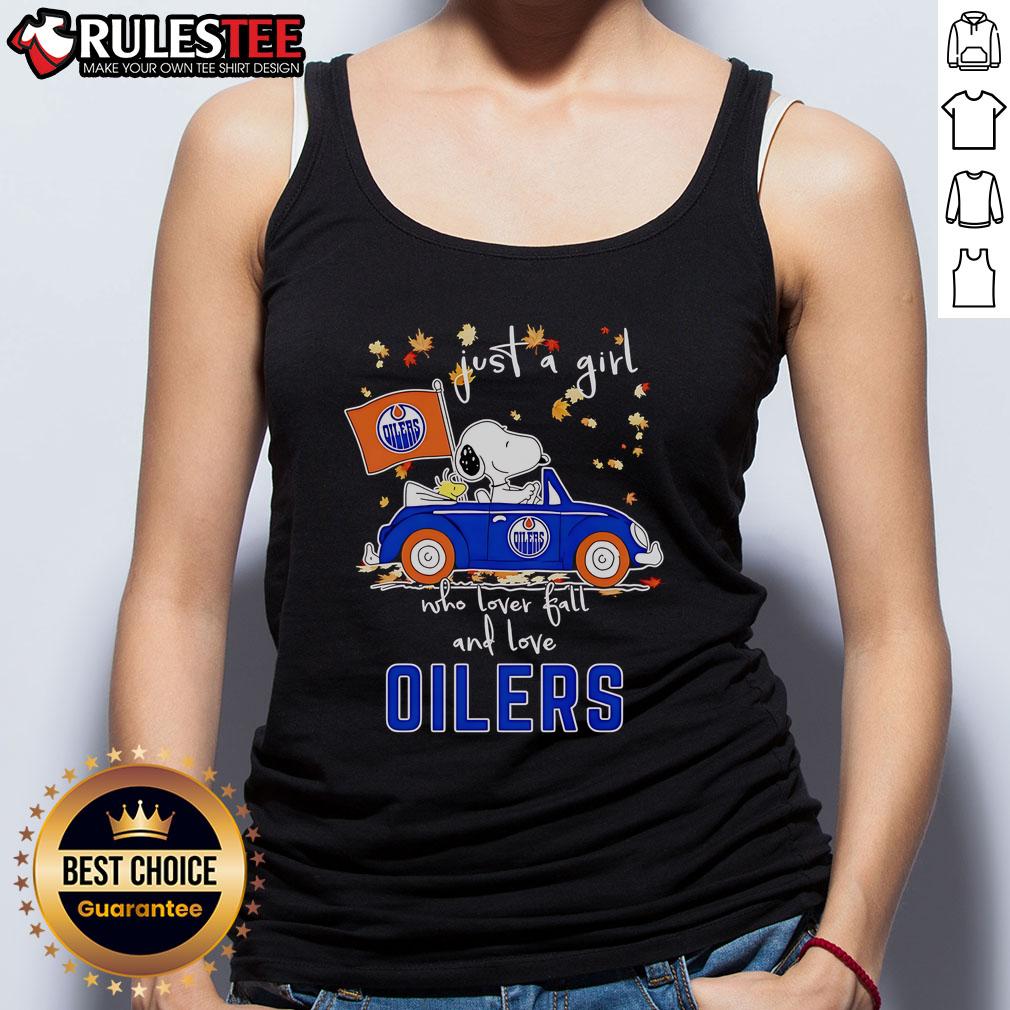 Cute Snoopy And Woodstock Just A Girl Who Lover Fall And Love Oilers T-Shirt - Image 4