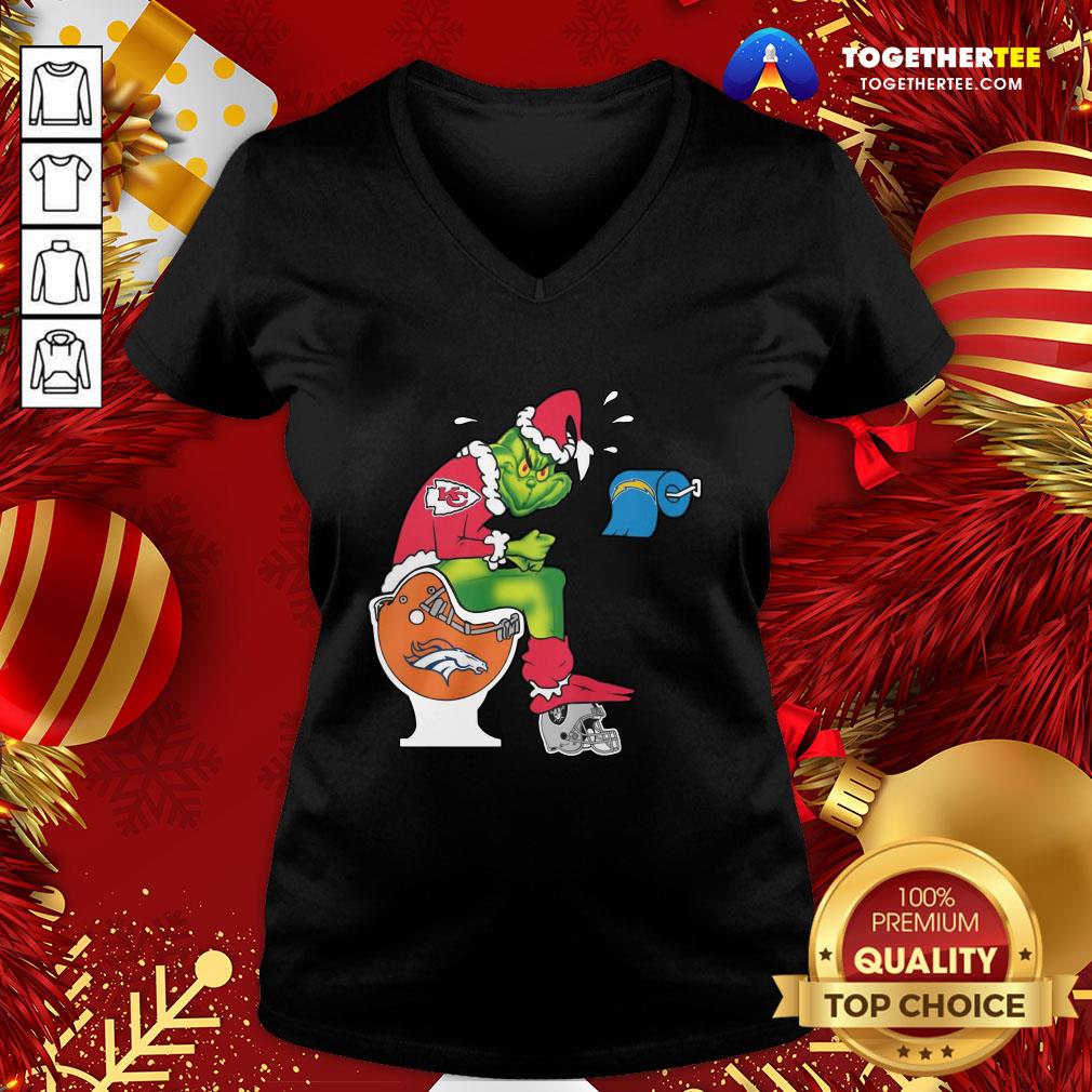 Hot The Grinch Kansas City Chiefs Shit On Toilet Denver Broncos Other Teams Oakland Raiders Christmas Shirt - Image 2