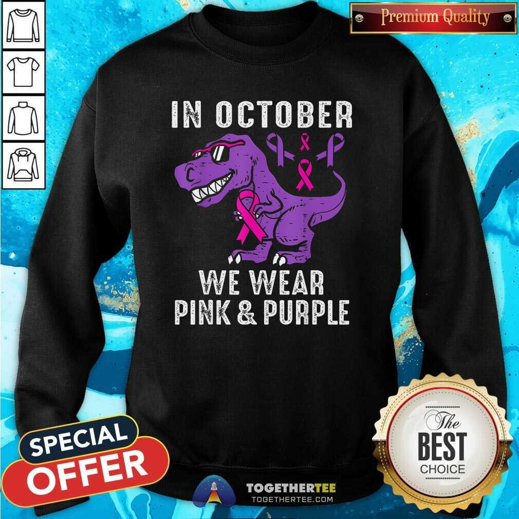 Good In October We Wear Purple Breast Cancer Awareness Dinosaur T-Shirt - Image 4
