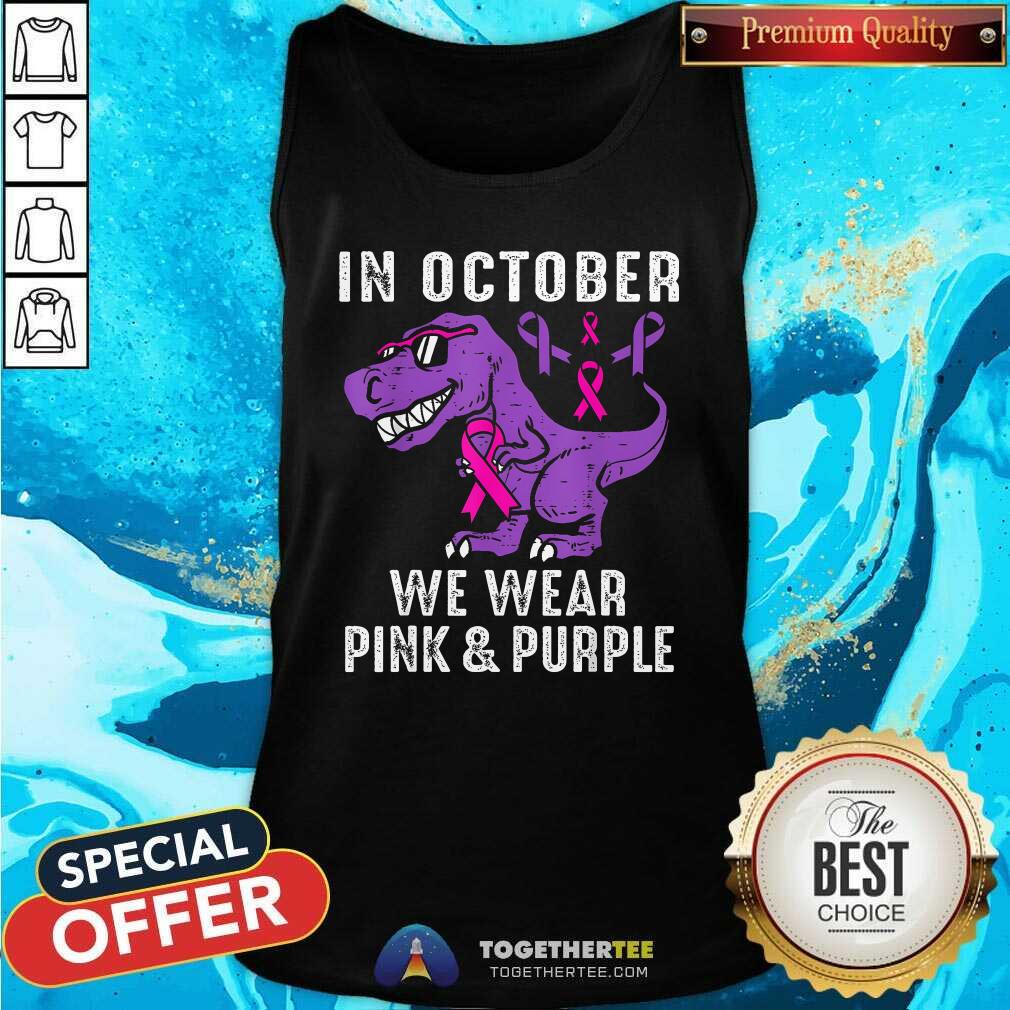 Good In October We Wear Purple Breast Cancer Awareness Dinosaur T-Shirt - Image 3
