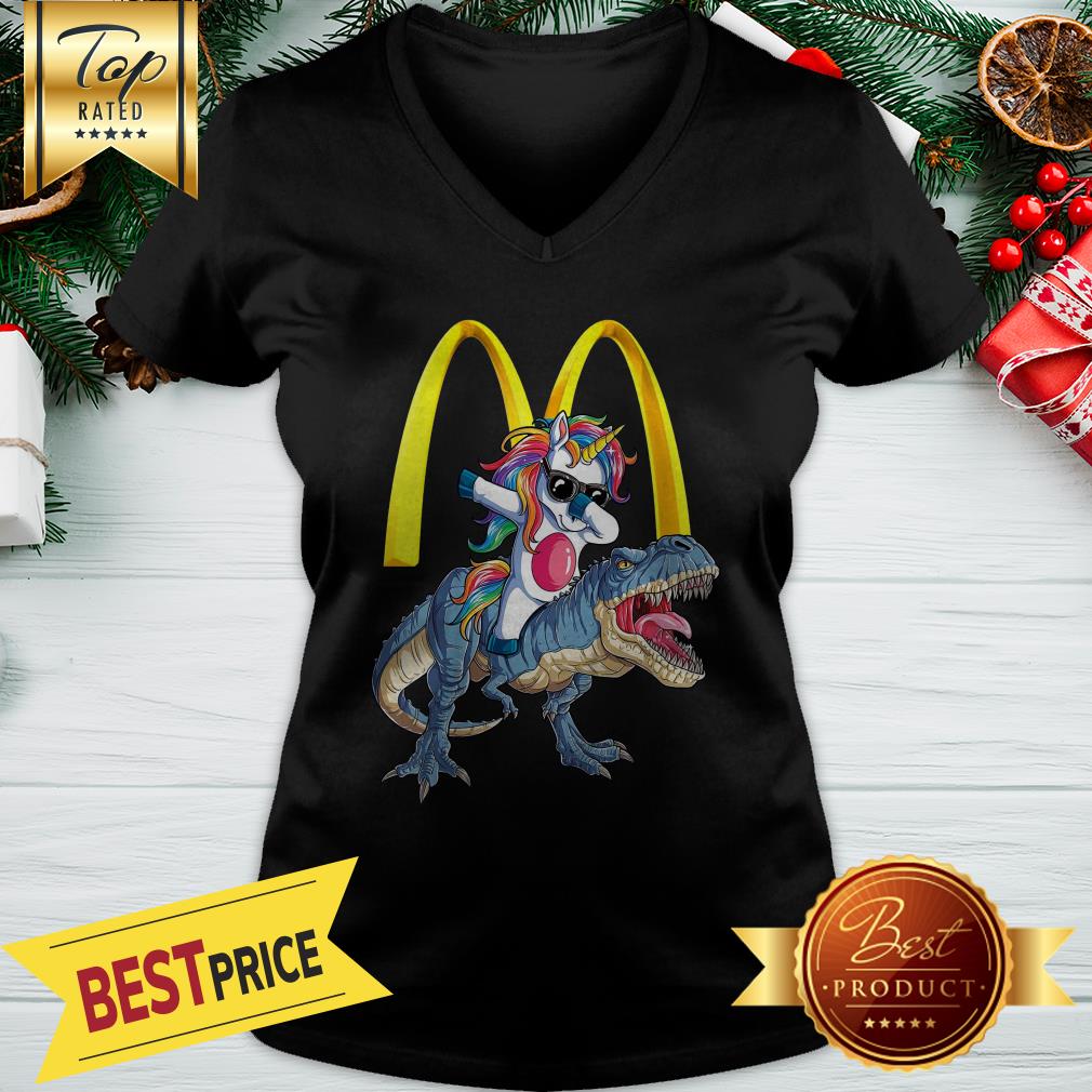Official Mcdonald's Unicorn Dabbing Riding T-Rex Dinosaur Shirt - Image 2