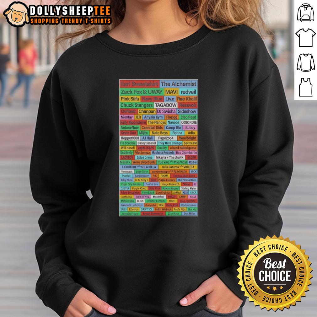 Official Earl Sweatshirt The Alchemist And Zack Fox And Uway Name List T-Shirt - Image 5