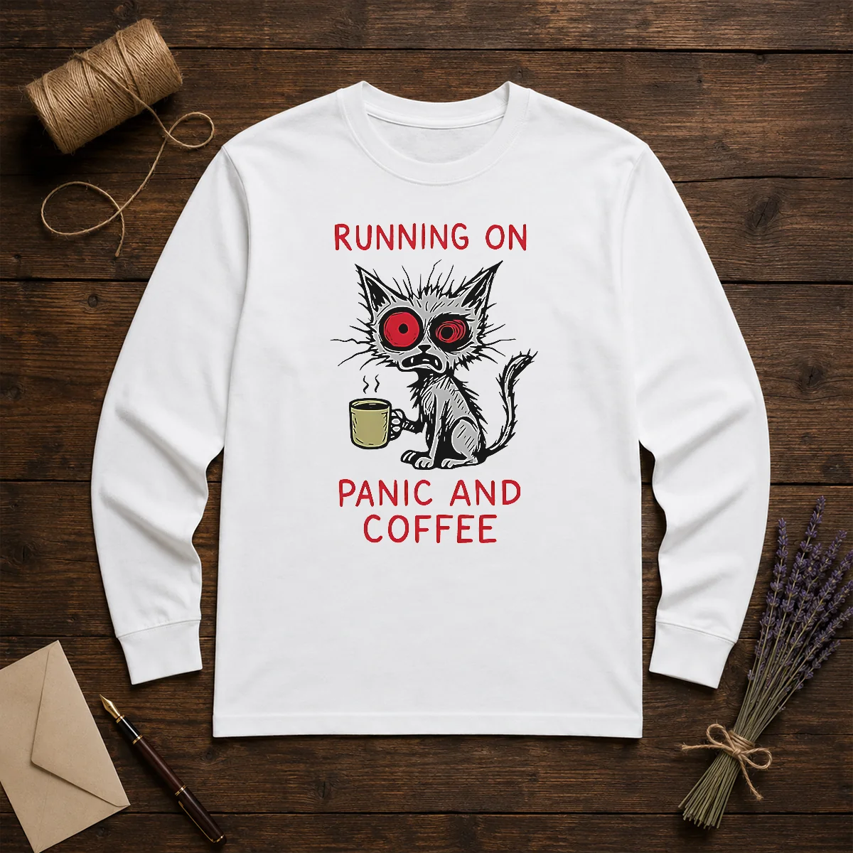 Official Running On Panic And Coffee Cat Caffeine Shirt - Image 5