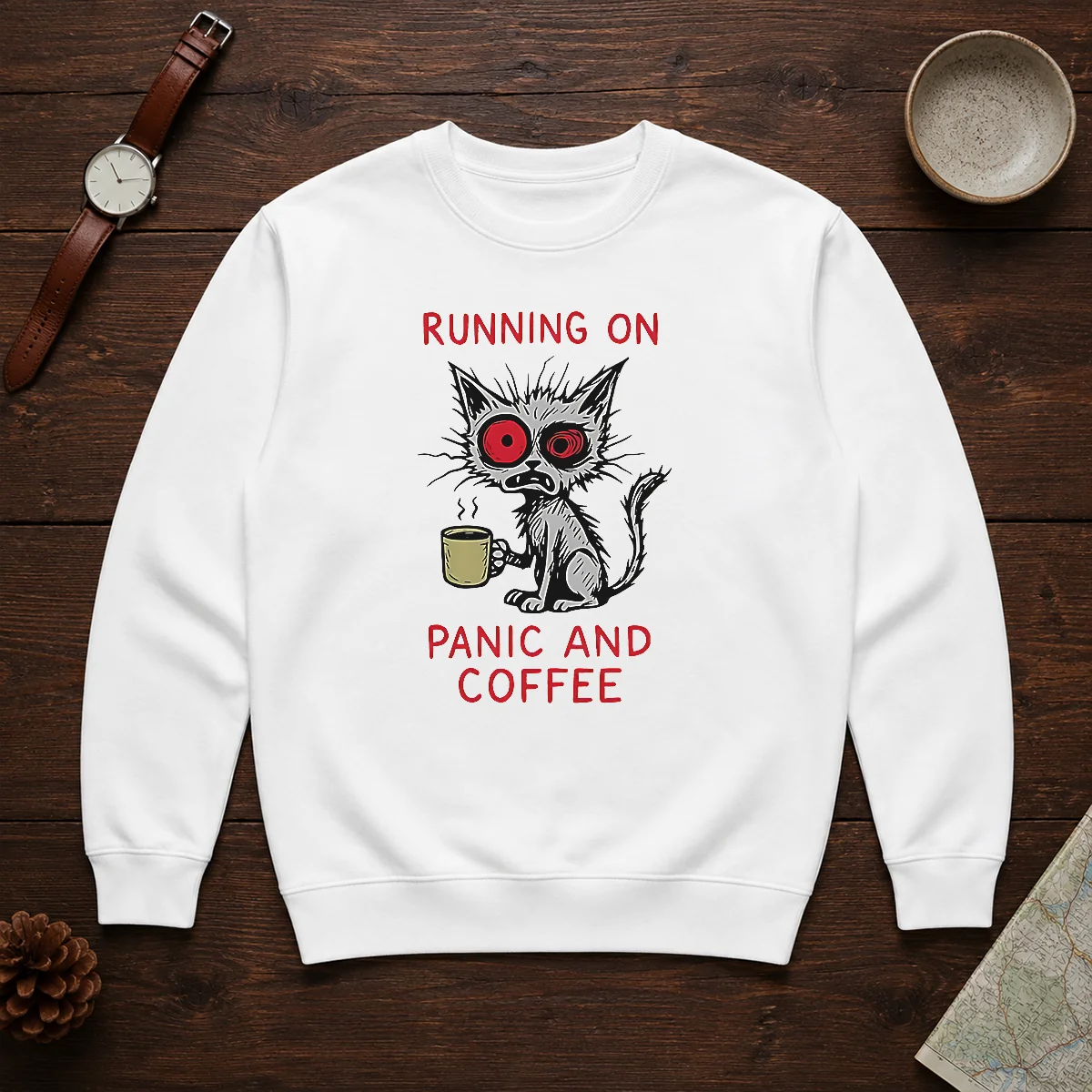 Official Running On Panic And Coffee Cat Caffeine Shirt - Image 7