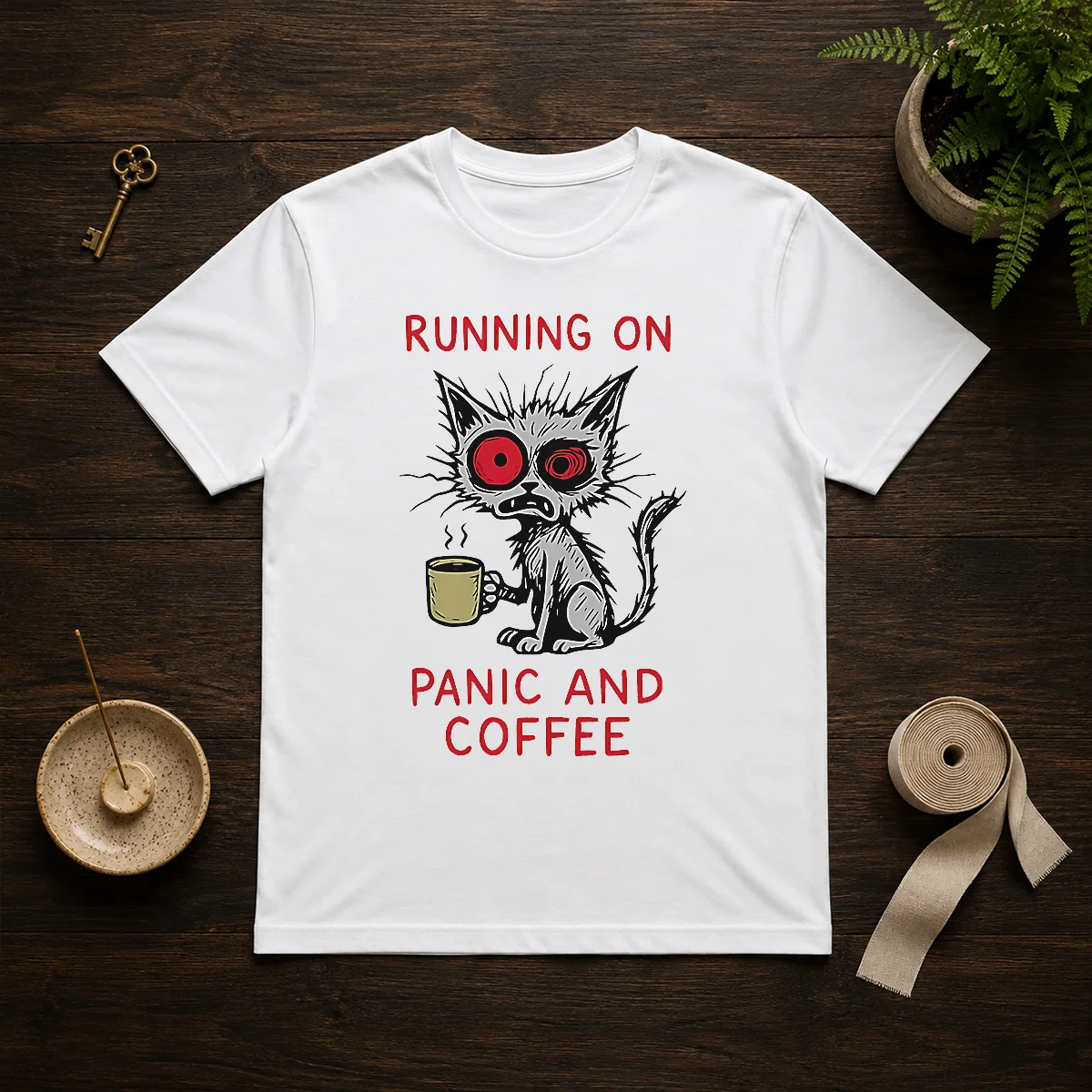 Official Running On Panic And Coffee Cat Caffeine Shirt