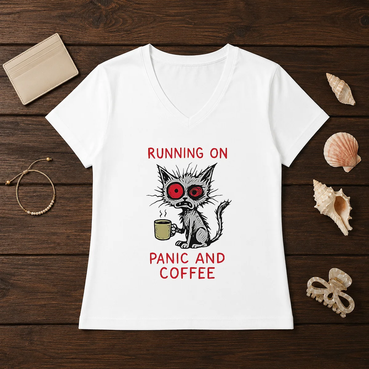 Official Running On Panic And Coffee Cat Caffeine Shirt - Image 2