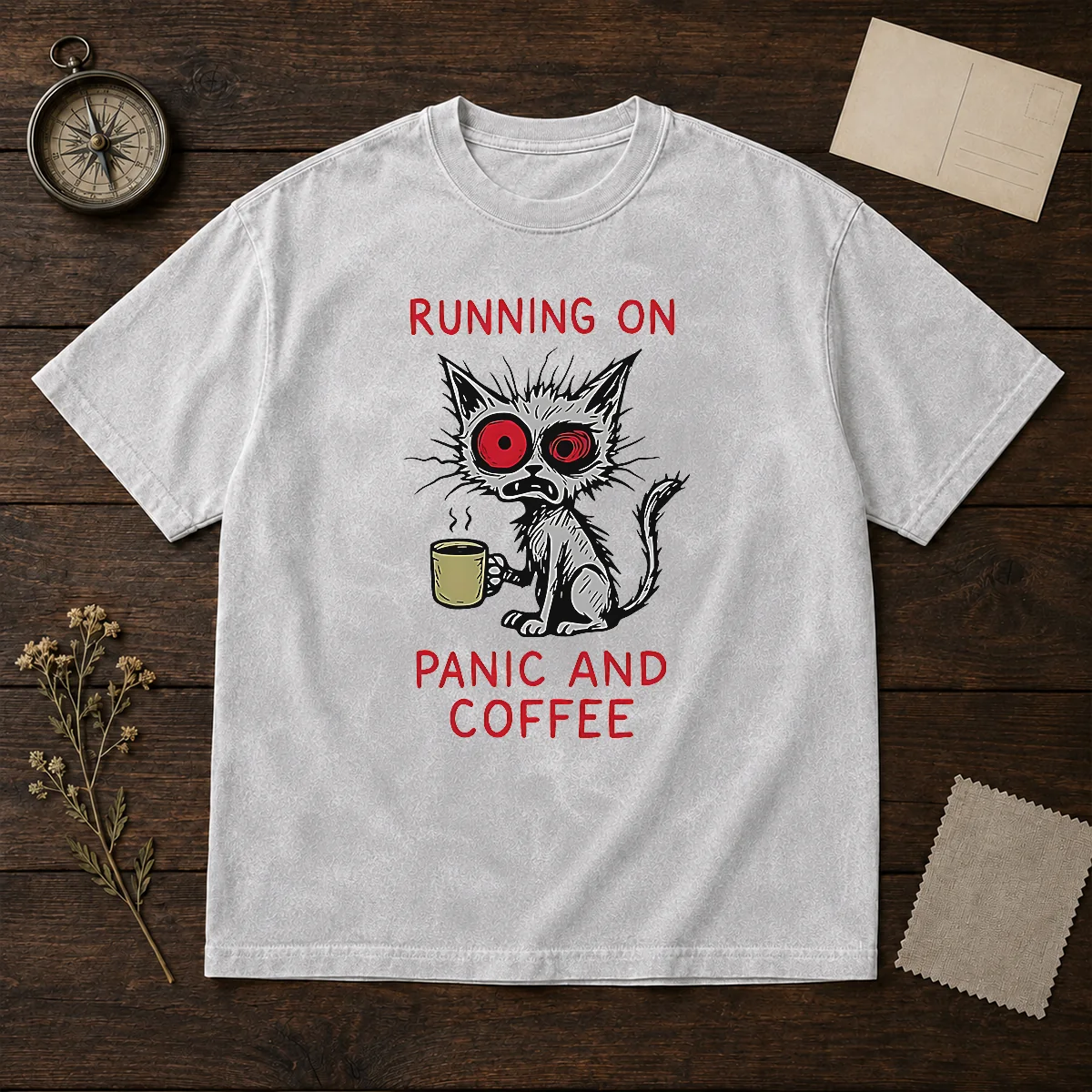 Official Running On Panic And Coffee Cat Caffeine Shirt - Image 8