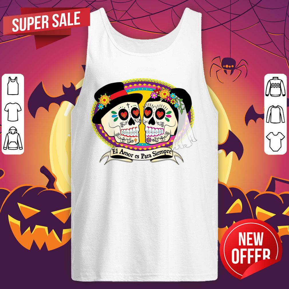 Mexican Sugar Skulls Wedding Couple Day Of The Dead Shirt - Image 5