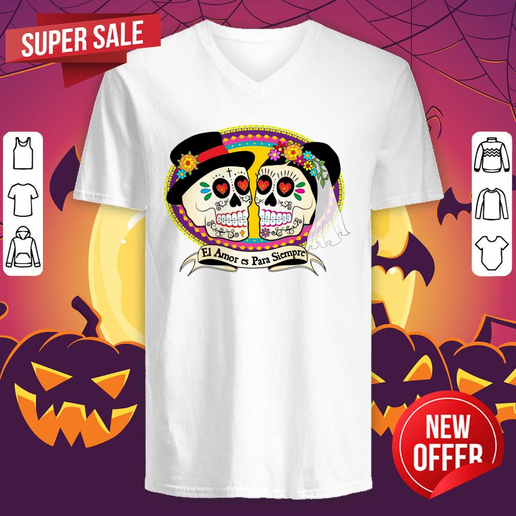 Mexican Sugar Skulls Wedding Couple Day Of The Dead Shirt - Image 4
