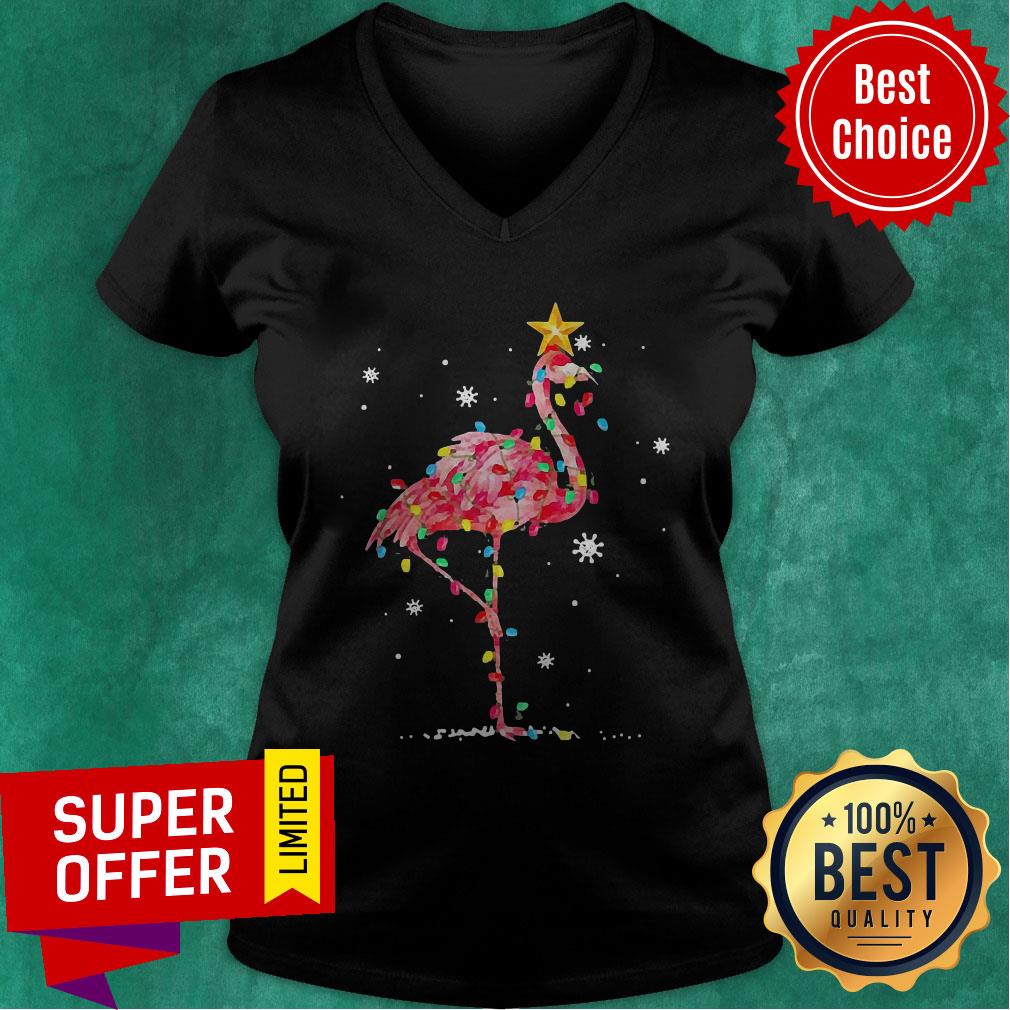Nice Flamingo Reindeer Hat Santa Christmas Lights Shirt - Image 3