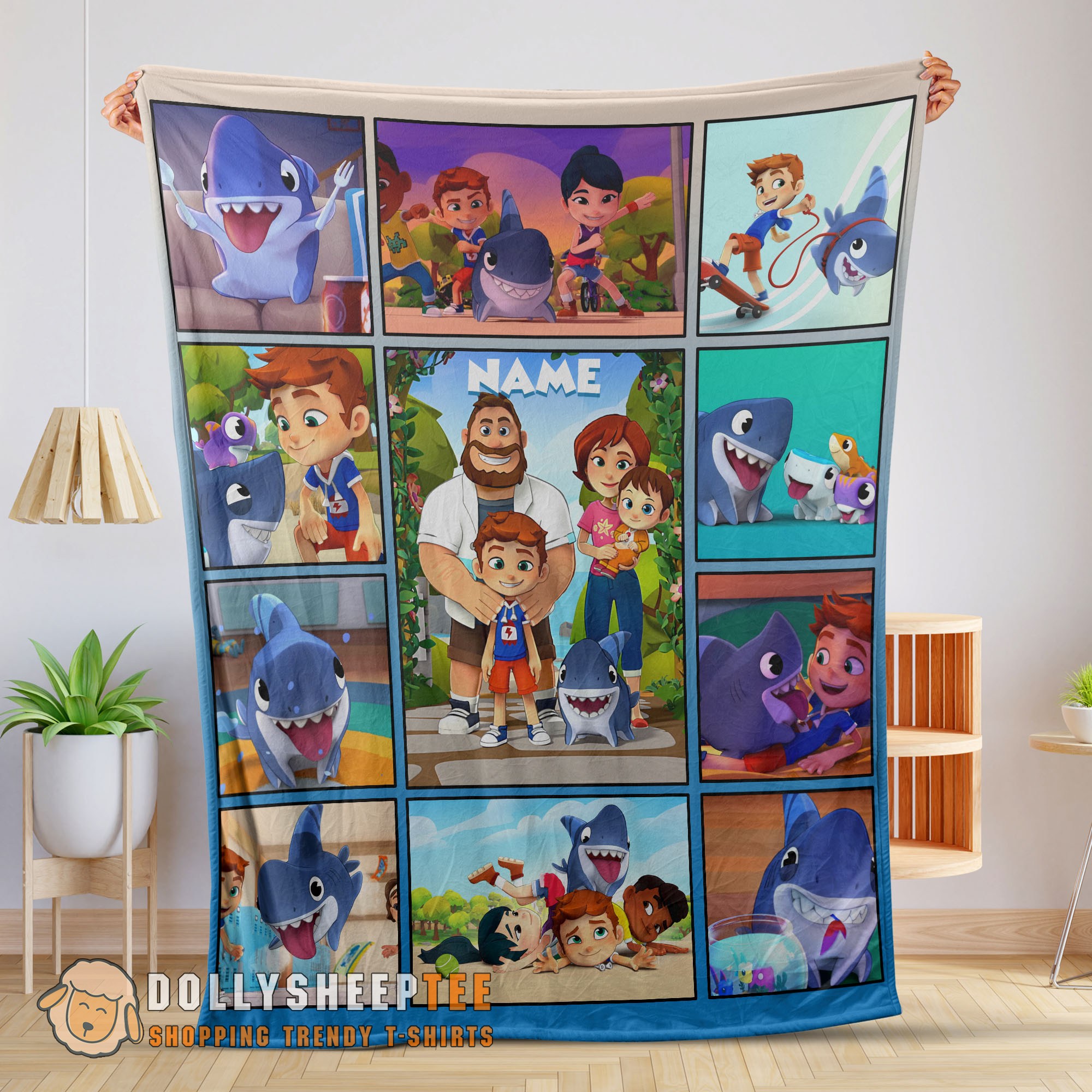 Official Cute Cartoon Sharkdog With Family Blanket Fleece Customized Blanket