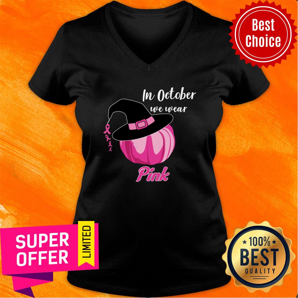 Halloween Pumpkin Breast In October We Wear Hat Witch Pink Shirt - Image 3
