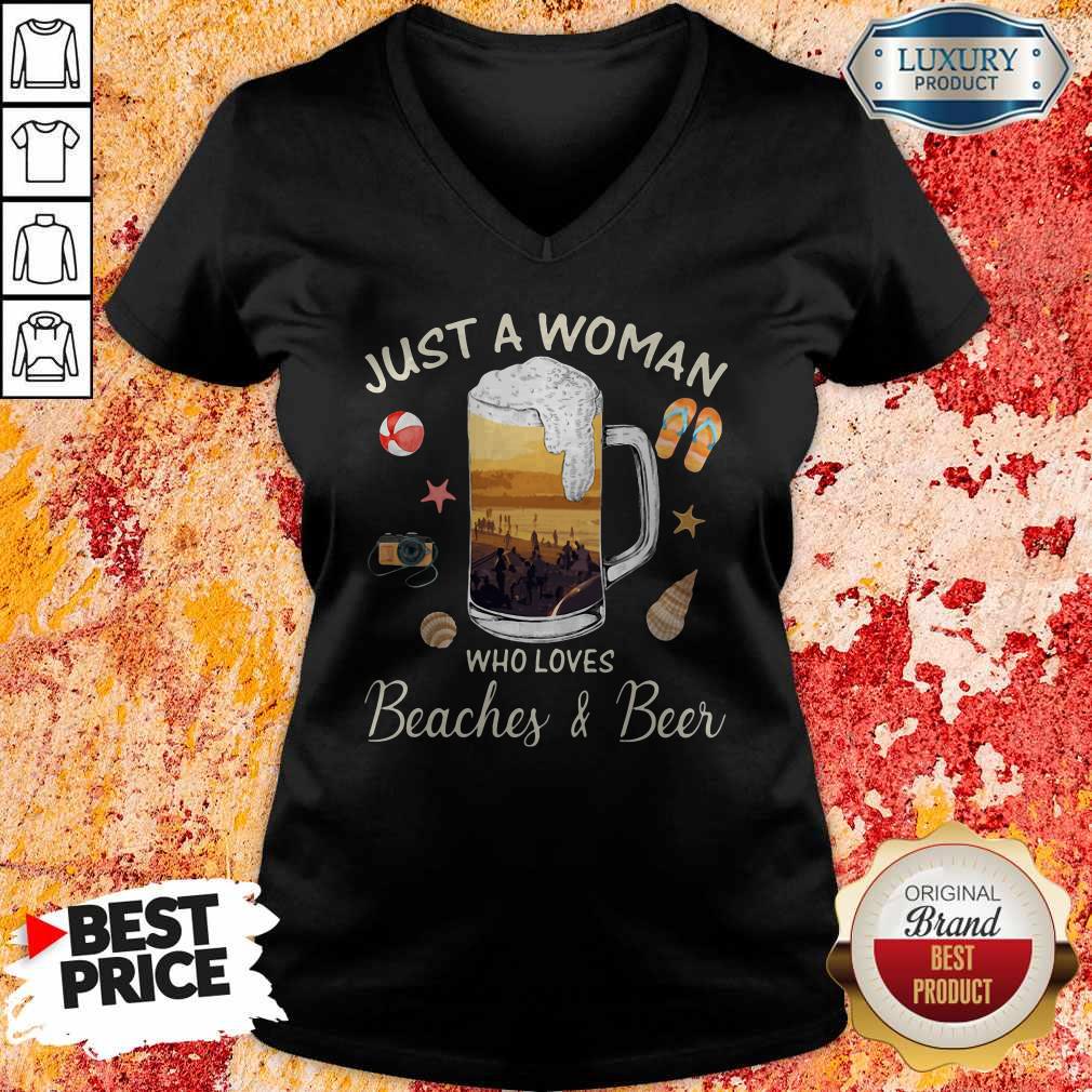 Just A Woman Who Loves Beaches Beer Ball Camera Snails Clam Starfish Sandals shirt - Image 2
