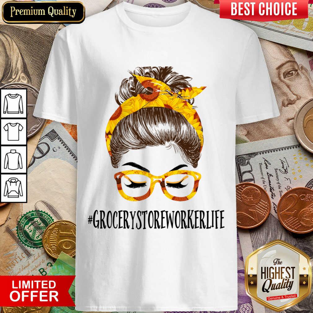 Perfect Messy Hair Bun Grocery Store Worker Sunflowers Shirt