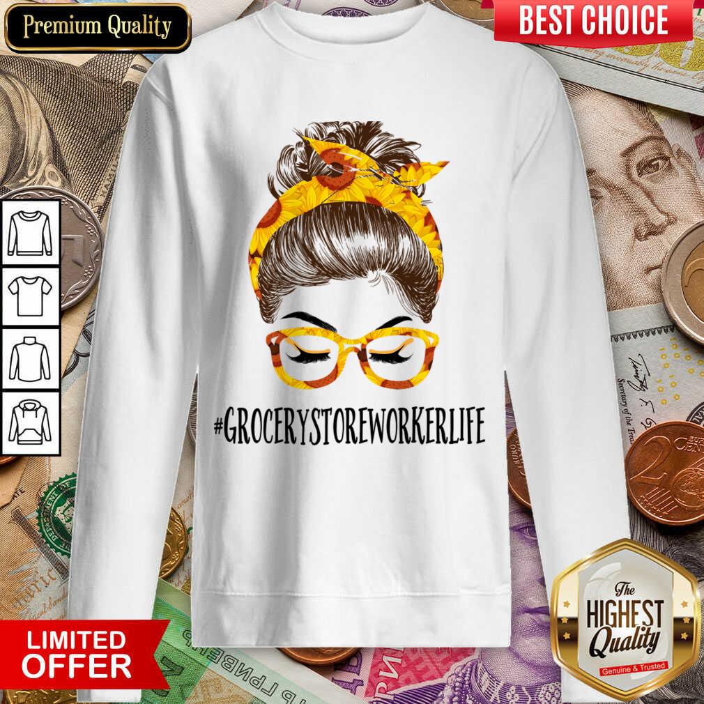 Perfect Messy Hair Bun Grocery Store Worker Sunflowers Shirt - Image 4