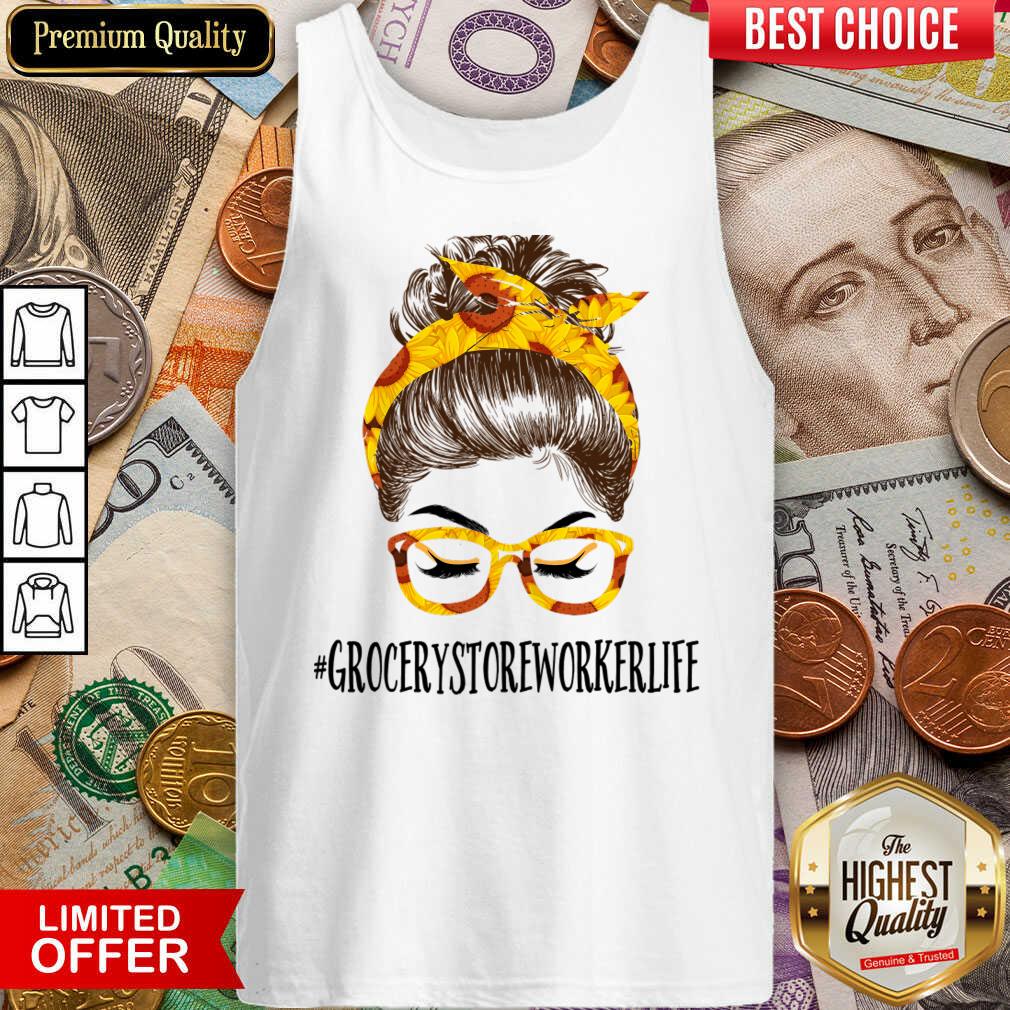 Perfect Messy Hair Bun Grocery Store Worker Sunflowers Shirt - Image 3