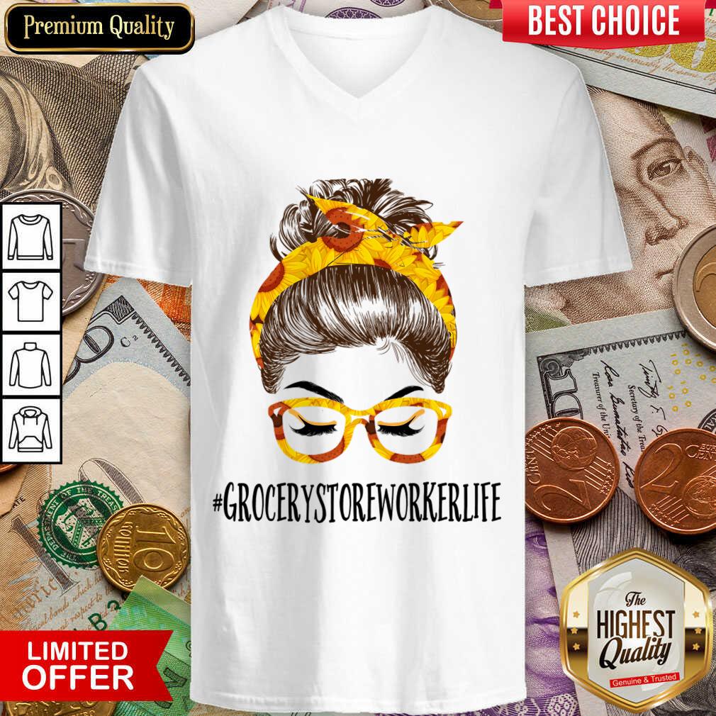 Perfect Messy Hair Bun Grocery Store Worker Sunflowers Shirt - Image 2