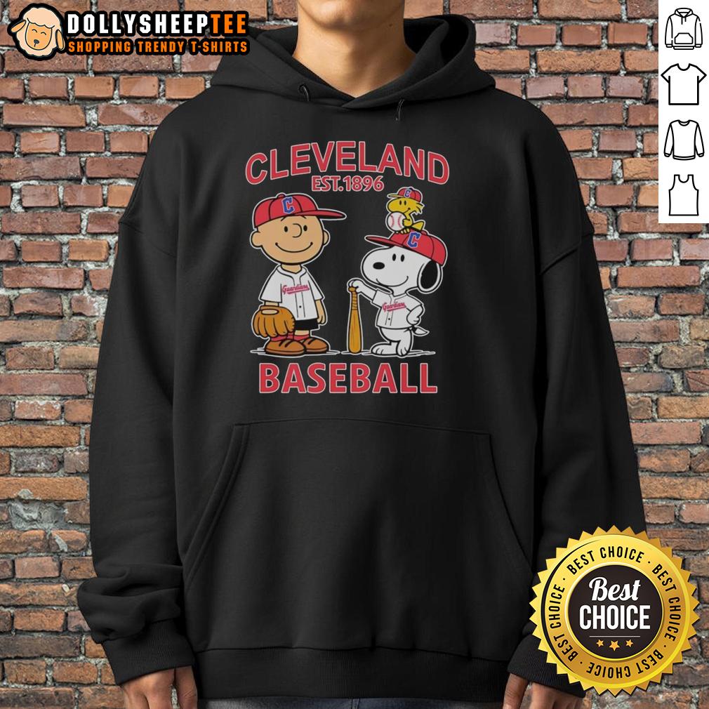 Cute Charlie Brown Snoopy And Woodstock With Cleveland Guardians Baseball Jersey Est 1896 T-Shirt - Image 2