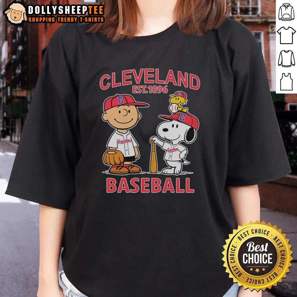 Cute Charlie Brown Snoopy And Woodstock With Cleveland Guardians Baseball Jersey Est 1896 T-Shirt - Image 3