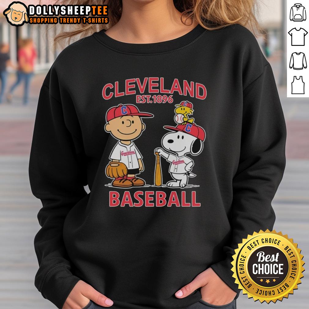 Cute Charlie Brown Snoopy And Woodstock With Cleveland Guardians Baseball Jersey Est 1896 T-Shirt - Image 5