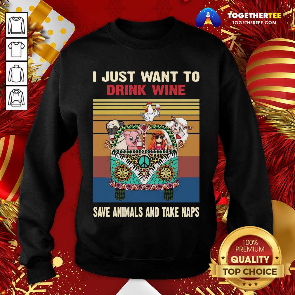 Top I Just Want To Drink Wine Save Animal And Take Naps Peace Bus Vintage Retro Shirt - Image 4