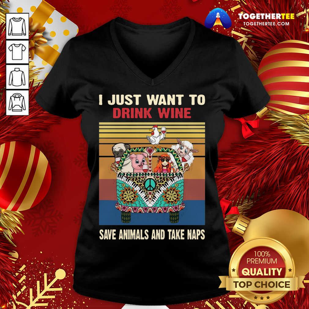 Top I Just Want To Drink Wine Save Animal And Take Naps Peace Bus Vintage Retro Shirt - Image 2