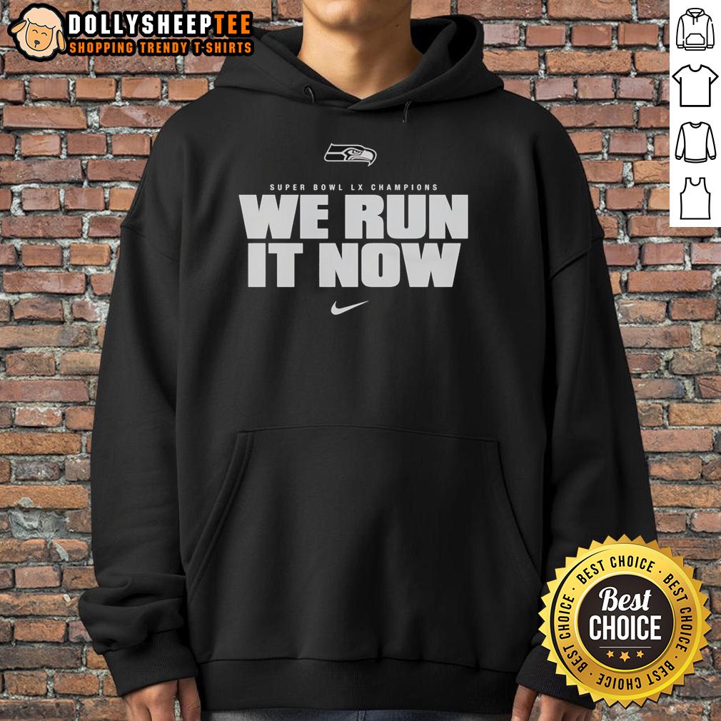 Premium Seattle Seahawks Super Bowl LX Champions We Run It Now Logo Up T-Shirt - Image 2