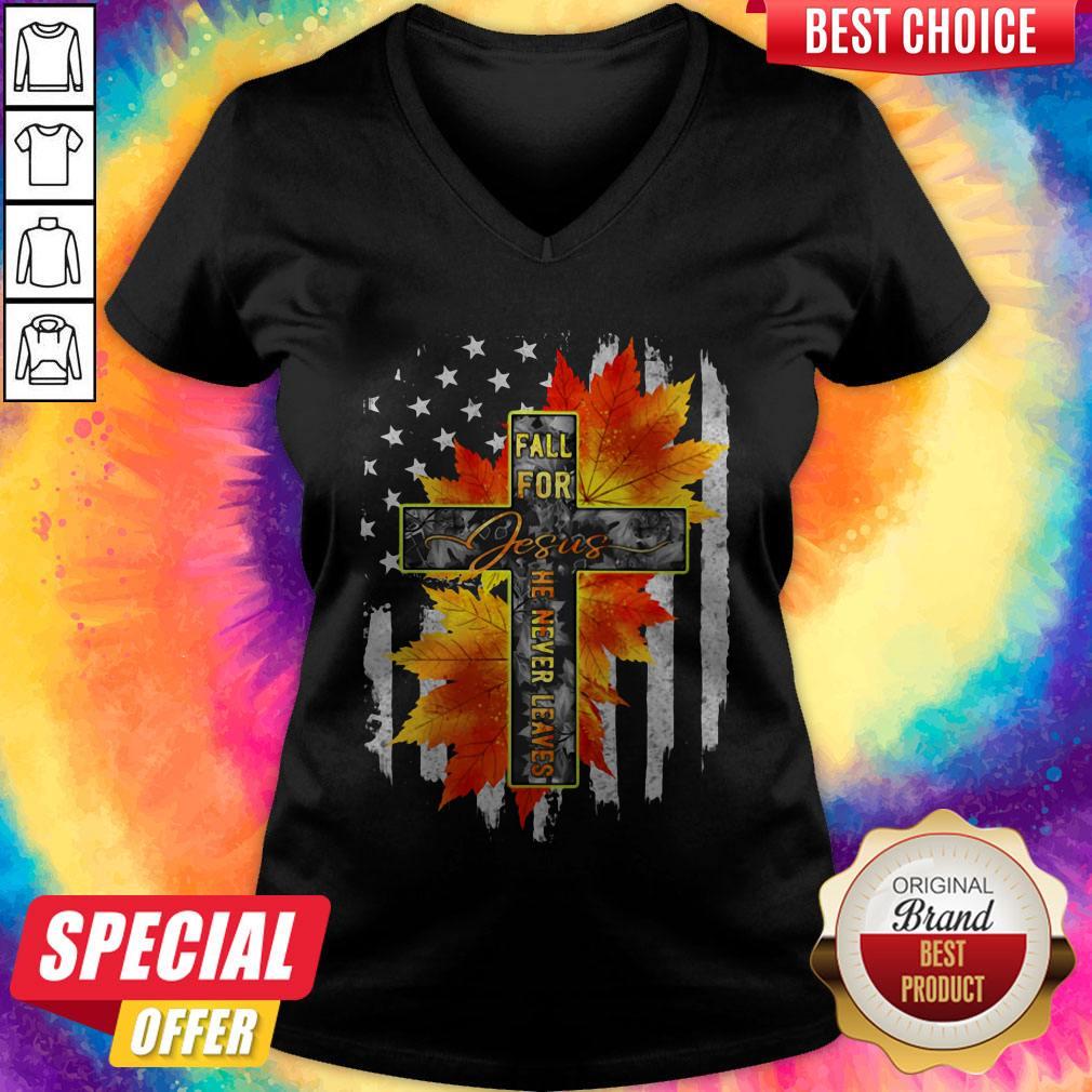 Original Fall For Jesus He Never Leaves Maple Leaf Flag Shirt - Image 2